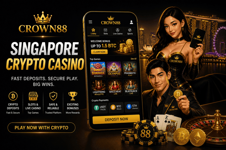 Crown88 Singapore crypto casino mobile interface with slots and live games