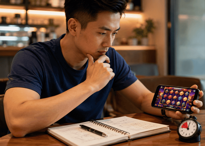 Man planning and playing slots on mobile